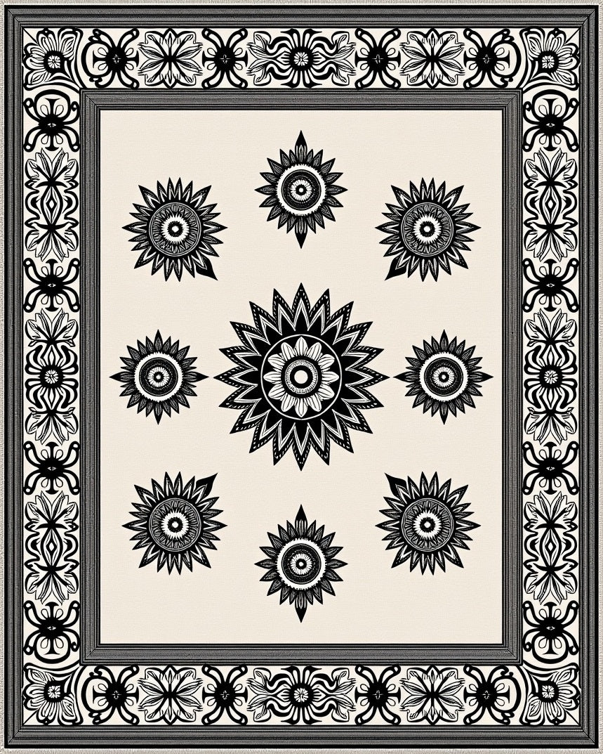Cream Black Sunburst Floral Medallion Frame Rug