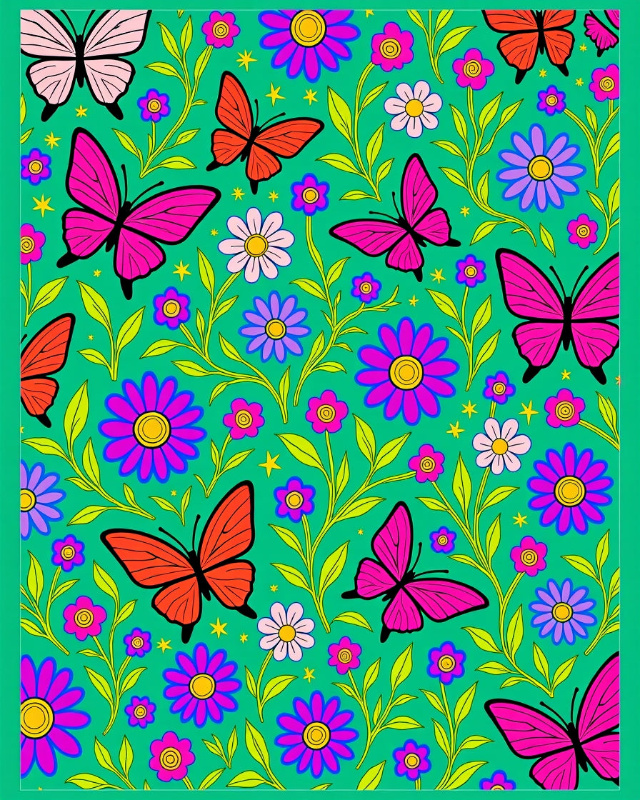 Vivid Pink Orange Butterfly Floral Medley Rug