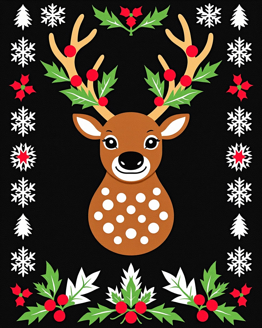 Festive Deer Holly Snowflake Border Rug