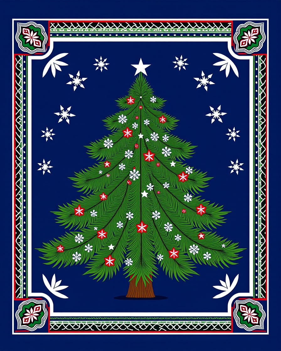 Festive Green Christmas Tree Snowflakes Rug