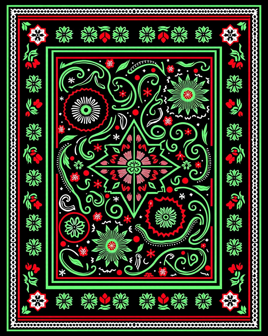 Vibrant Red Green Floral Starburst Rug
