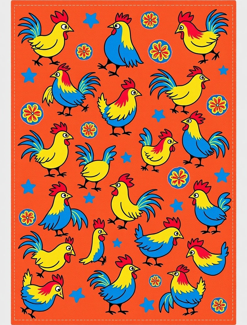 Whimsical Roosters on Orange Background Rug