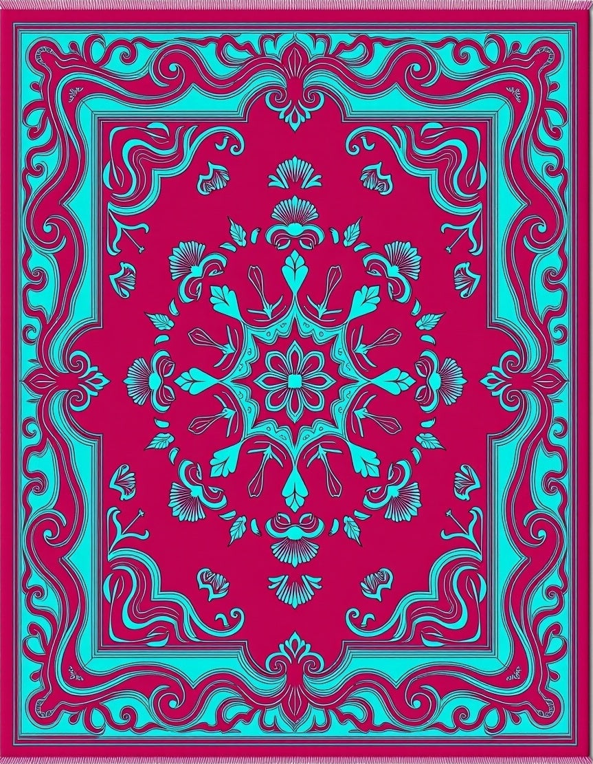 Crimson Teal Floral Scroll Frame Rug