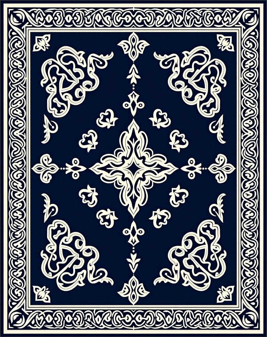 Navy Cream Intricate Scroll Medallion Rug