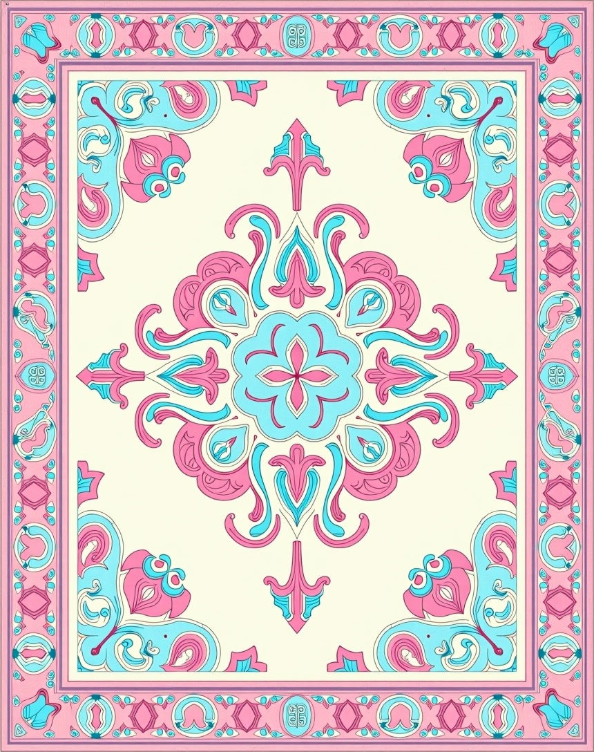 Whimsical Pink Cyan Floral Medallion Rug