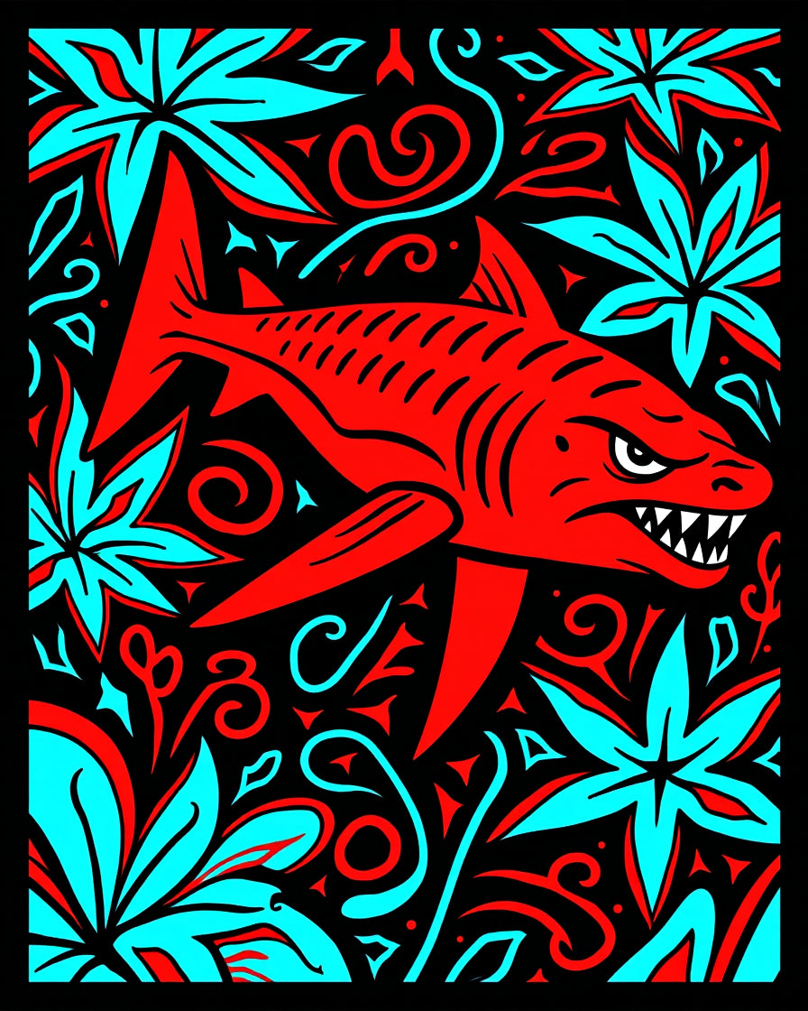 Red Shark Tropical Floral Swirl Rug
