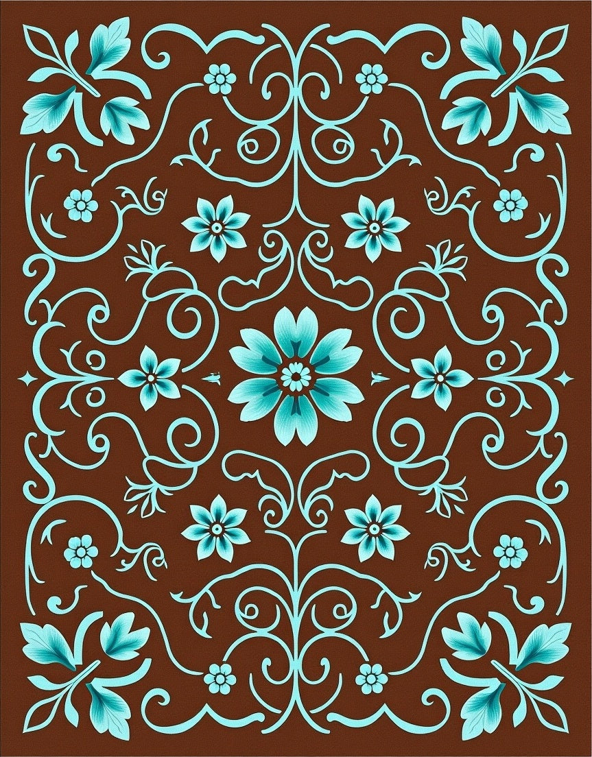 Aqua Teal Floral Scroll Brown Area Rug