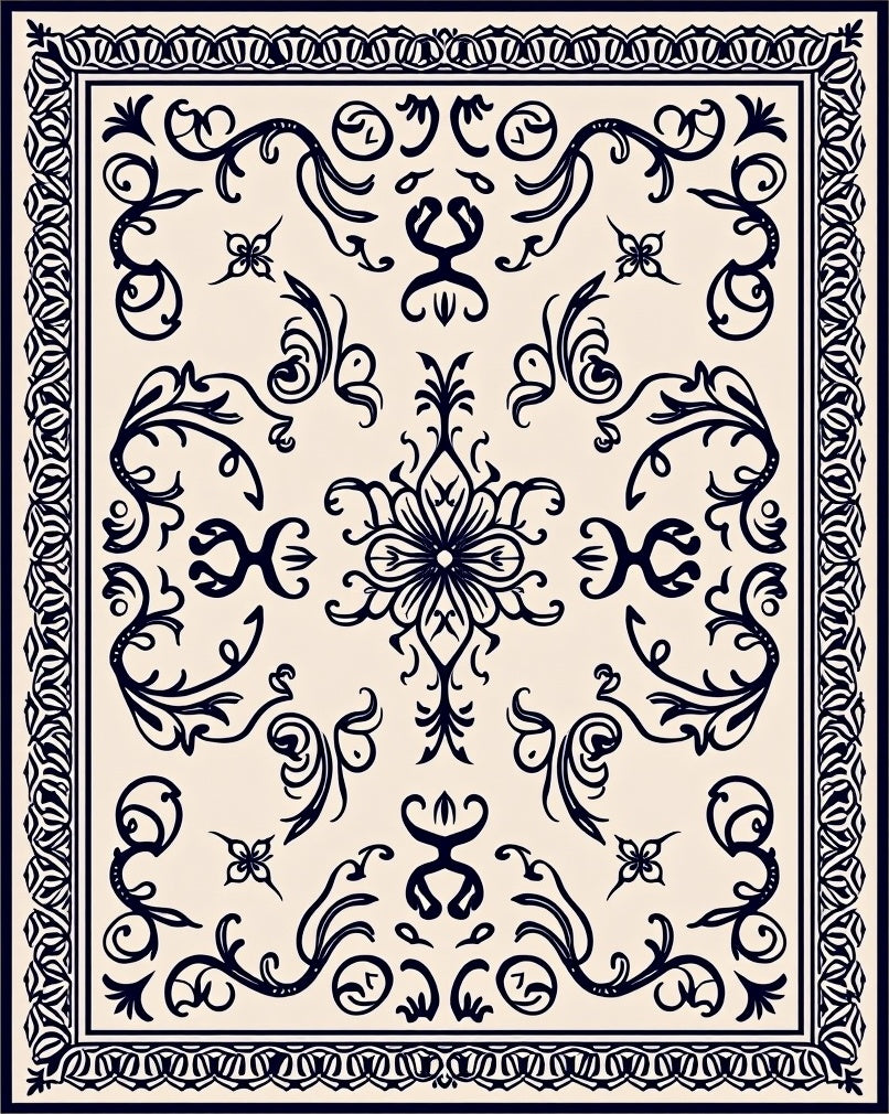 Ornate Ivory Dark Blue Botanical Scroll Rug