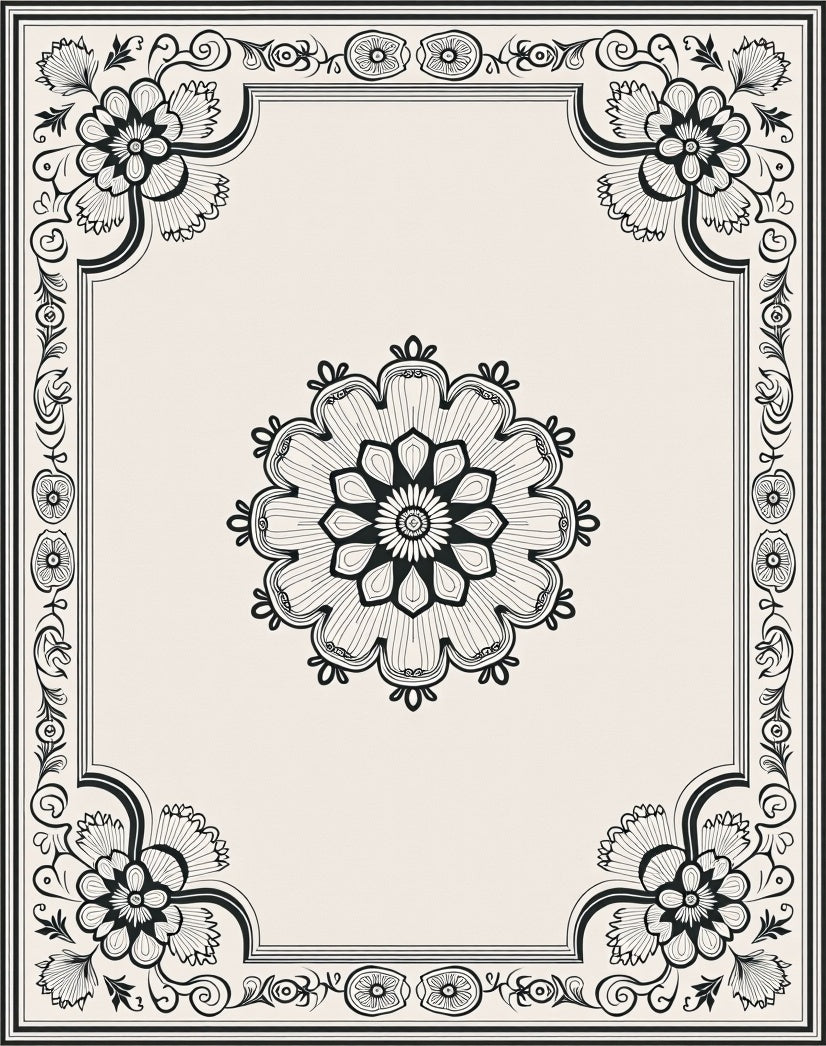 Vintage Black Floral Medallion Border Rug