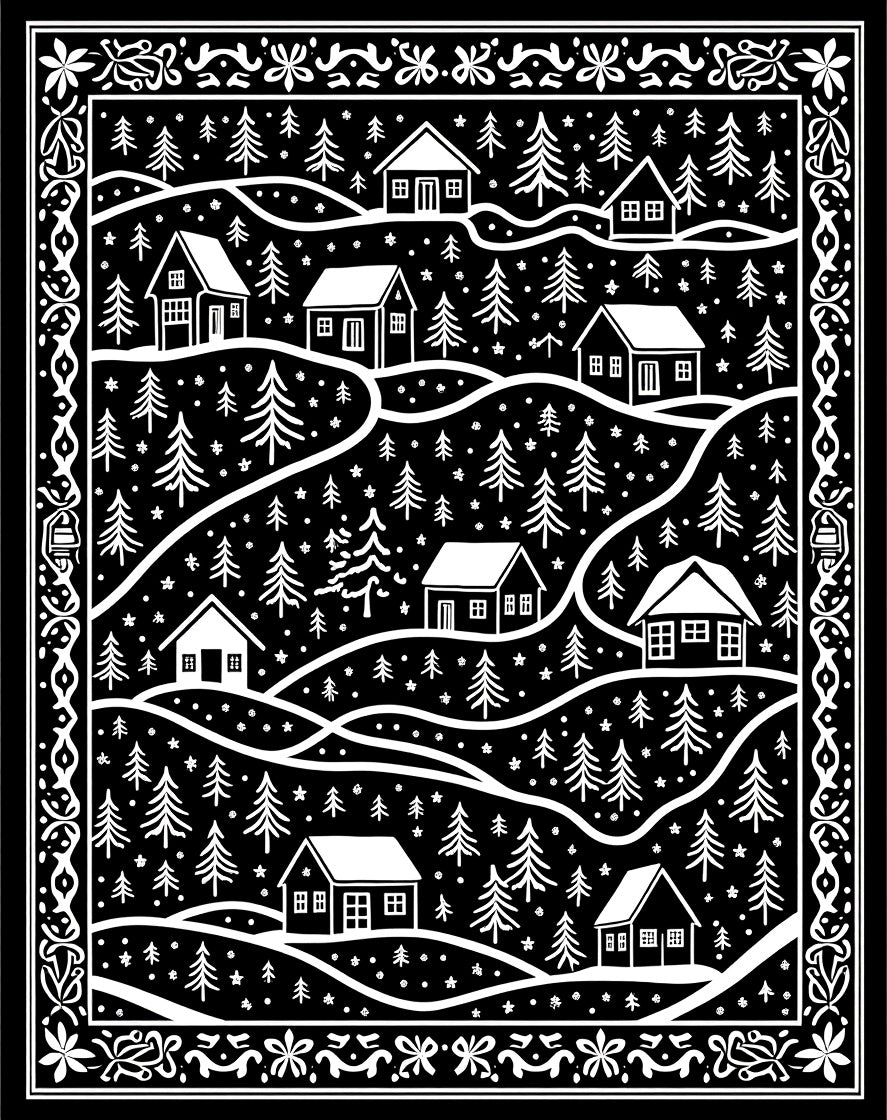 Rustic Village Winter Scene Black Rug
