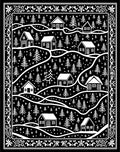 Rustic Village Winter Scene Black Rug