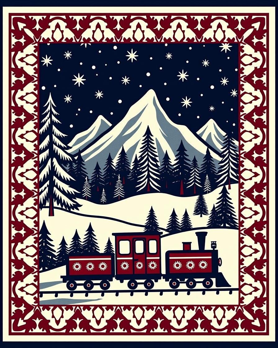 Crimson Train Snowy Mountain Woodland Border Rug