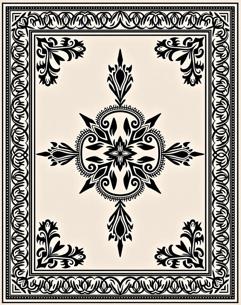 Black Floral Medallion on Cream Surface Rug