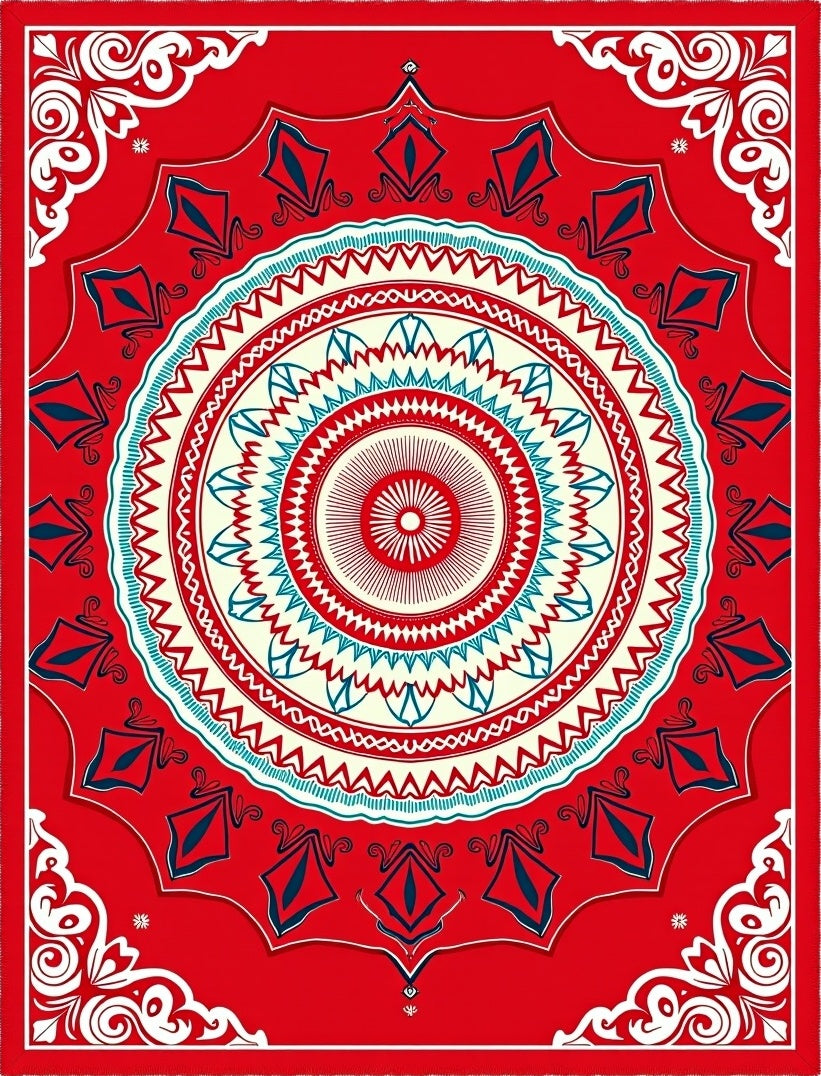 Bold Circular Red Teal Medallion Rug