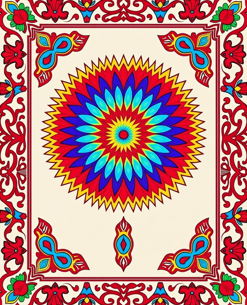 Radiant Sunburst Medallion Red Border Rug