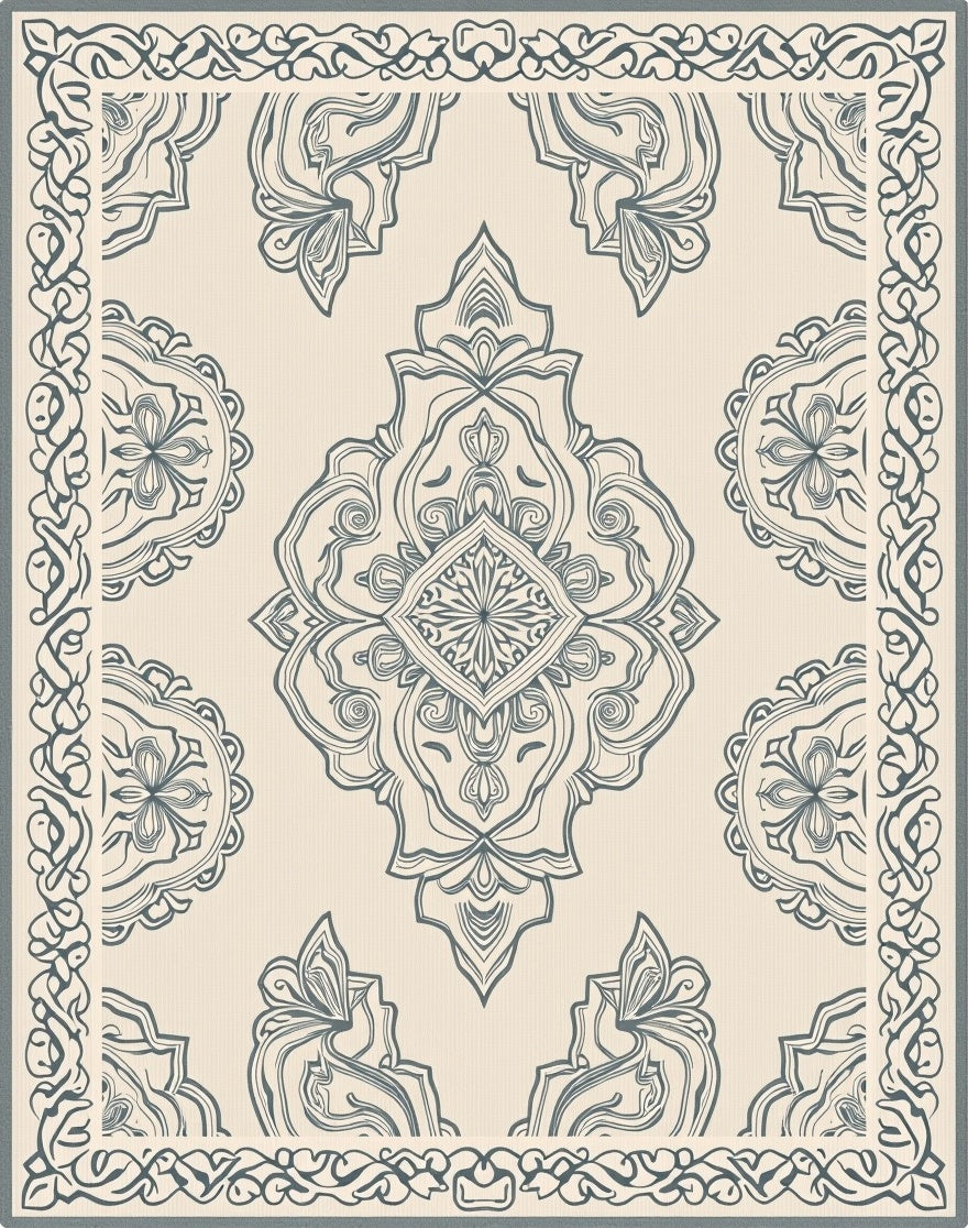 Cream and Blue Arabesque Medallion Rug
