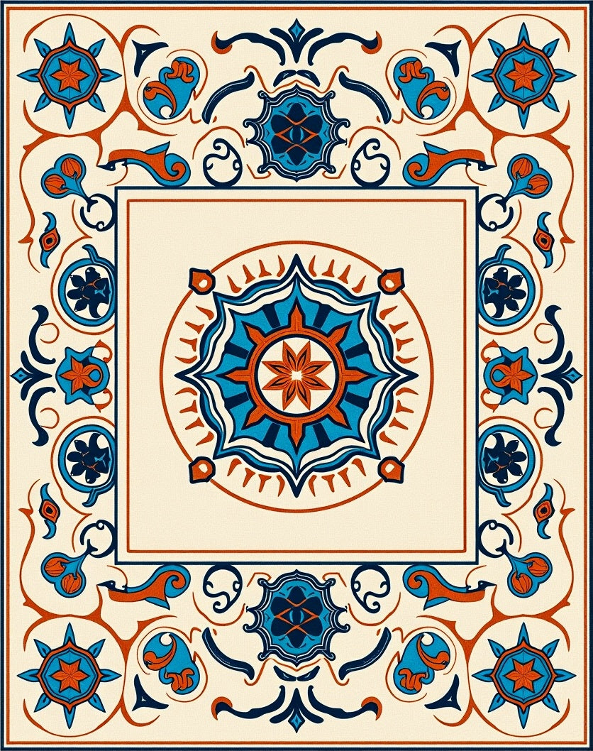 Ornate Cobalt Crimson Medallion Cream Rug