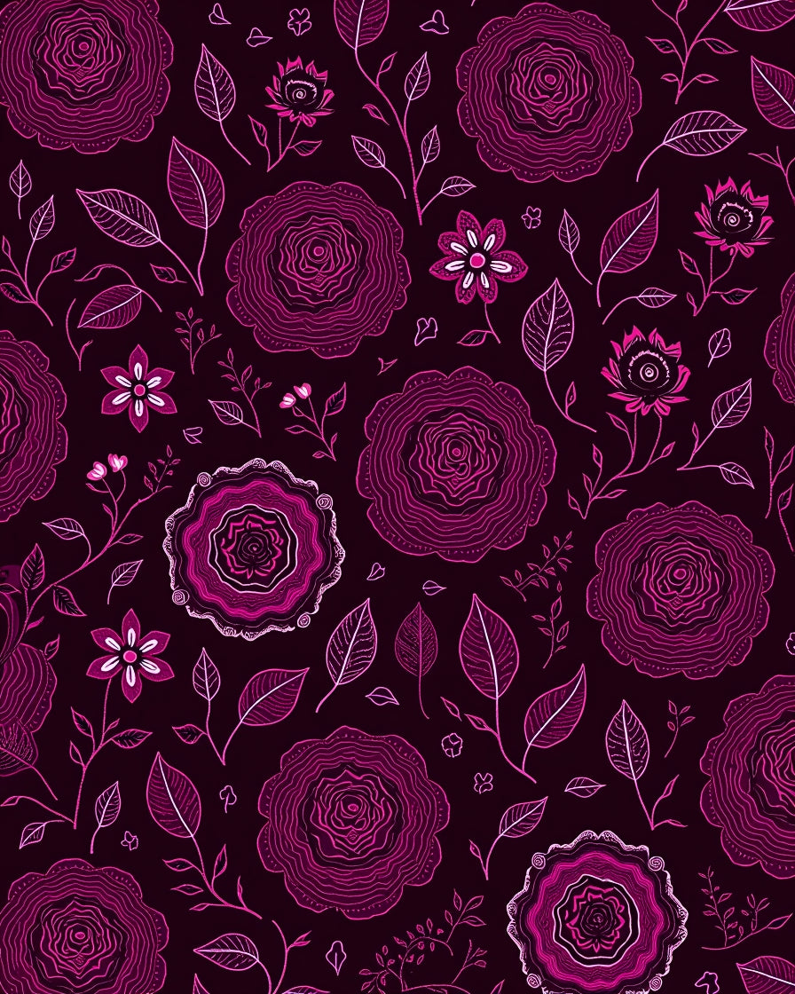 Deep Fuchsia Petal and Leaf Arrangement Rug
