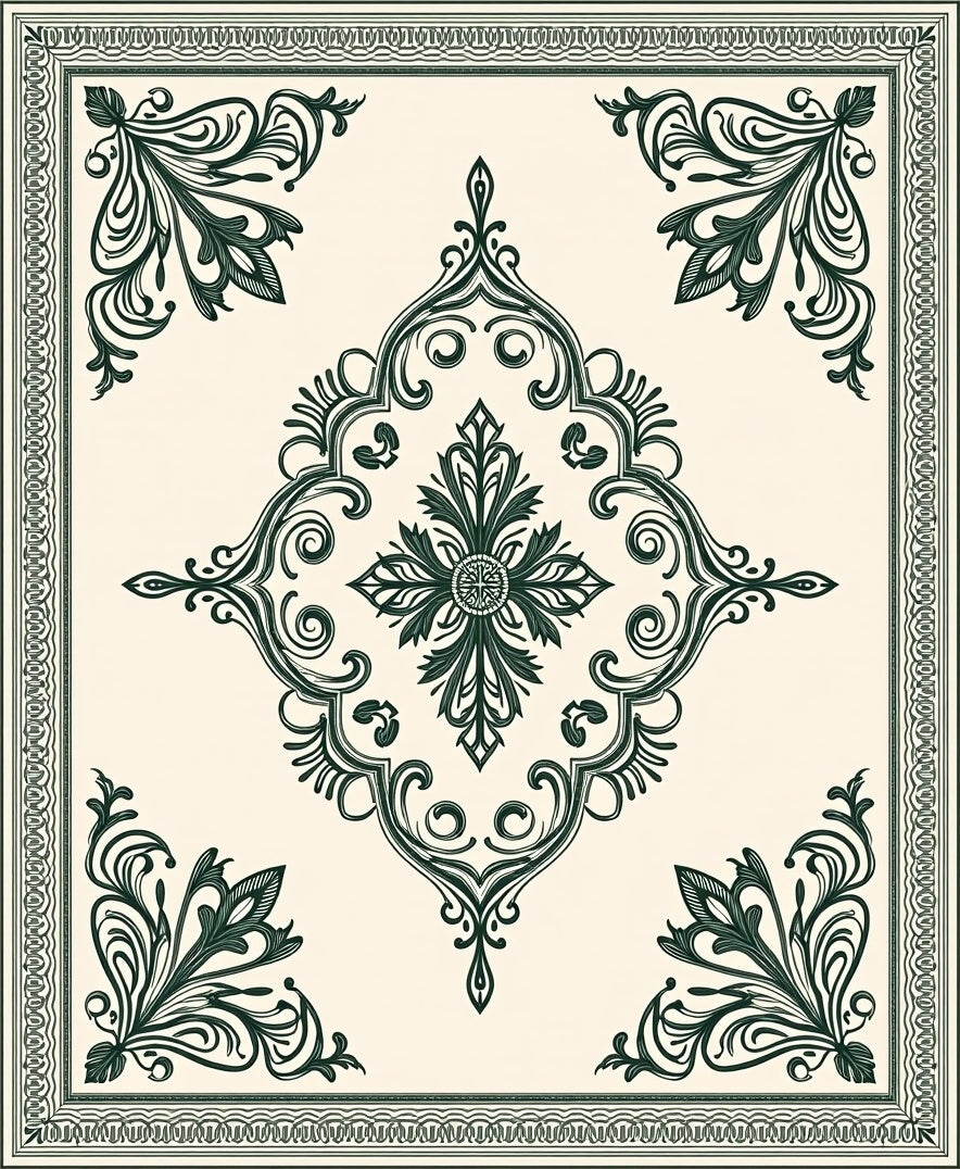 Dark Green Ornamental Scrollwork Medallion Rug