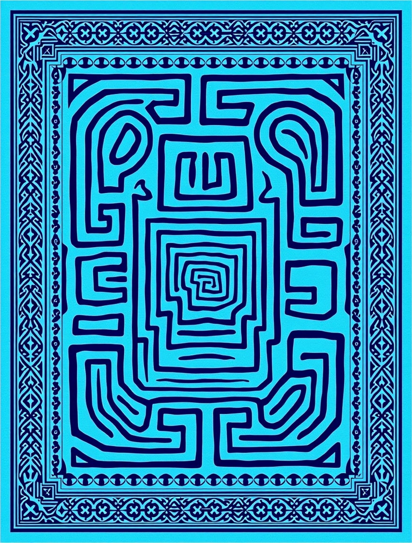 Vibrant Aqua Maze Border Rug
