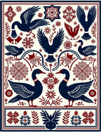 Navy Crimson Folk Art Birds Rug