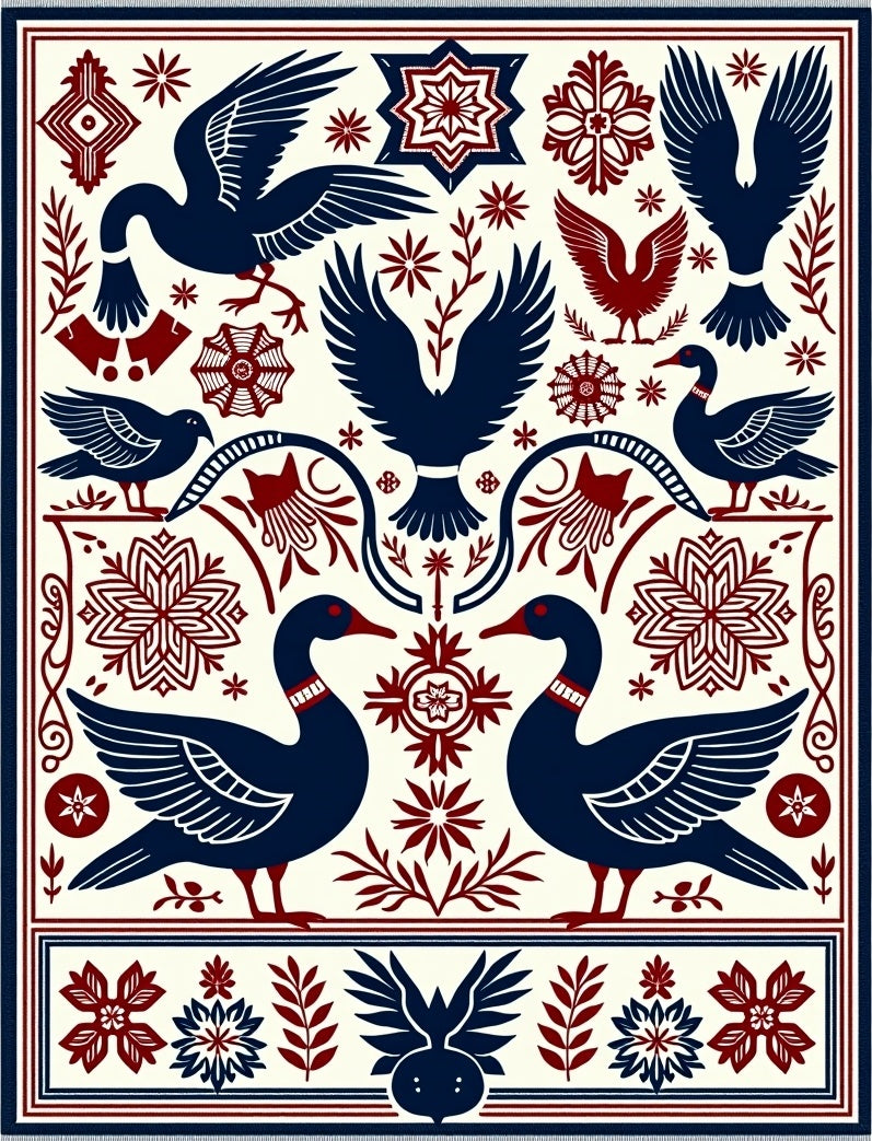 Navy Crimson Folk Art Birds Rug