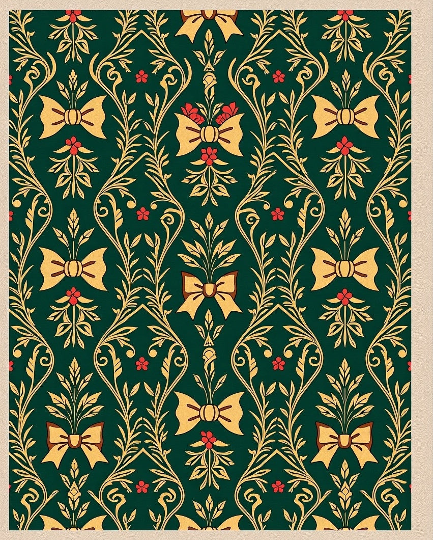 Emerald Green Gold Bow Botanical Rug