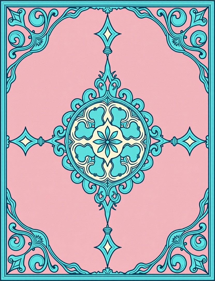 Cerulean Teal Floral Medallion Pink Rug