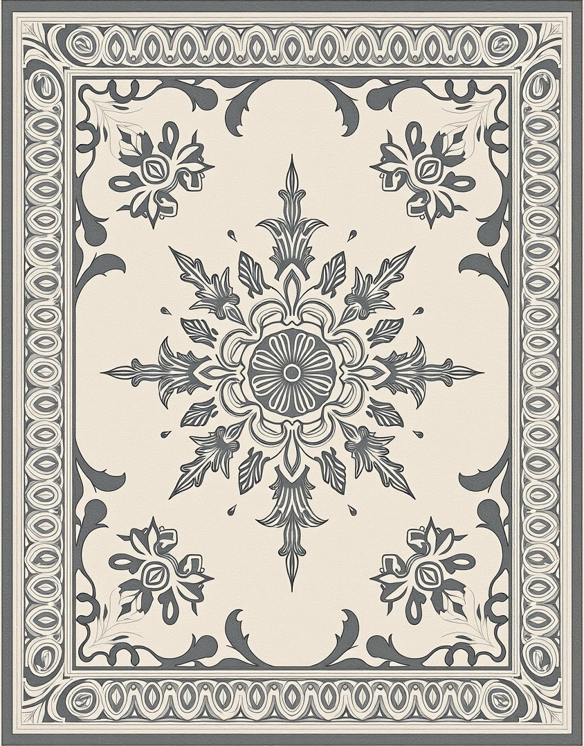 Cream Gray Floral Medallion Border Rug