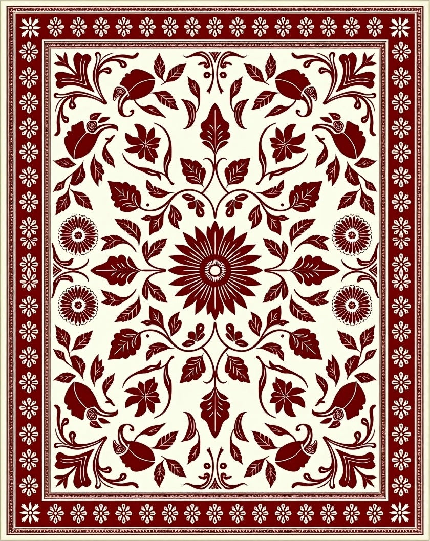 Deep Crimson Floral Medallion Border Rug