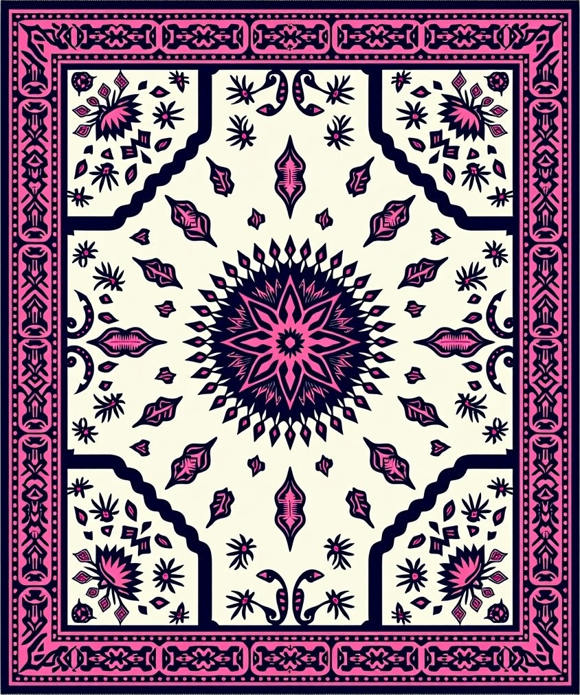 Hot Pink Navy Floral Mandala Rug