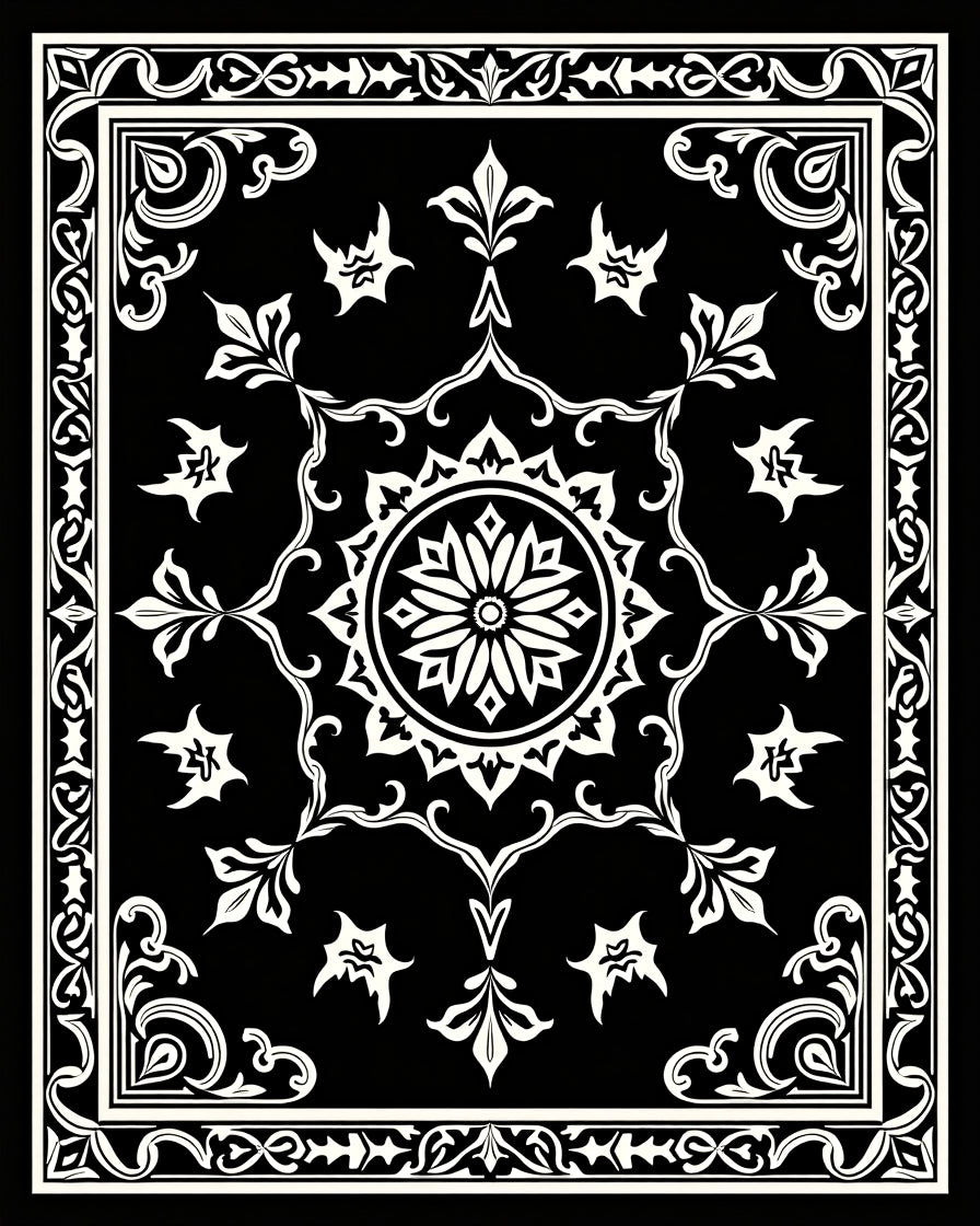 Black and White Floral Medallion Border Rug