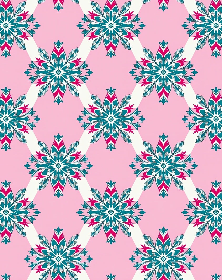 Pink Teal White Floral Diamond Rug