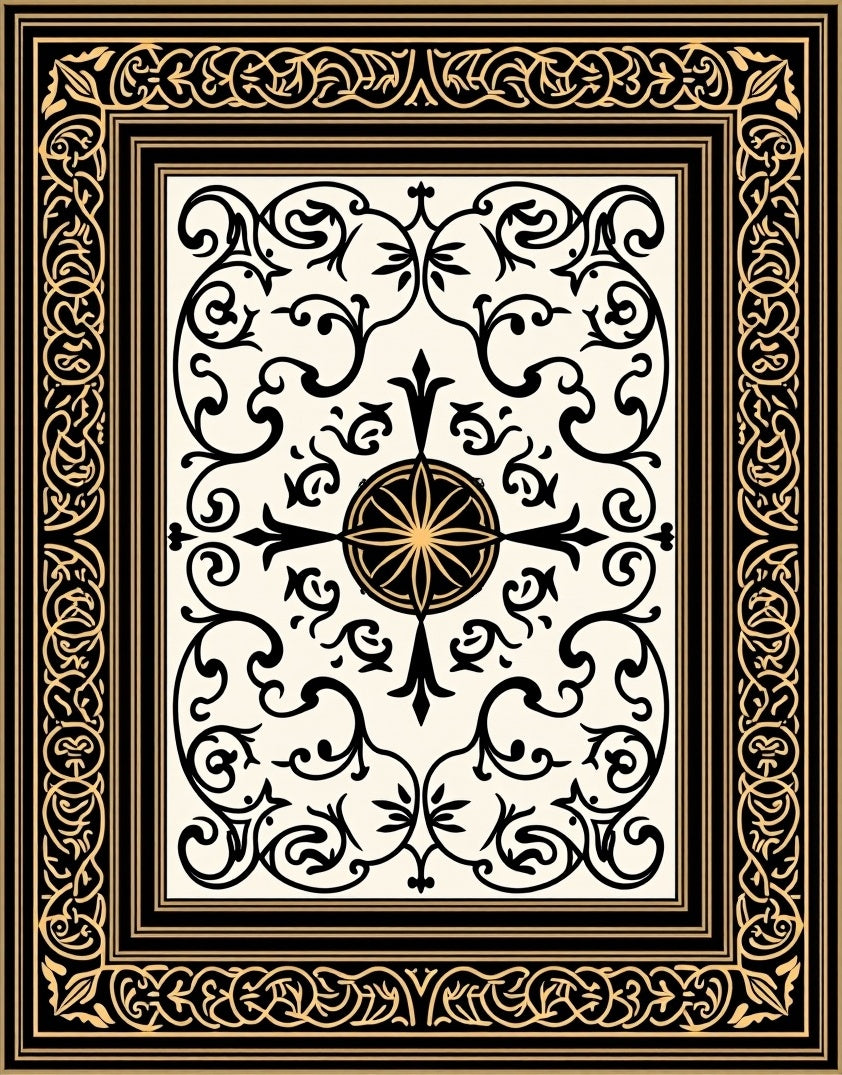 Ornate Black Golden Scrollwork Medallion Rug