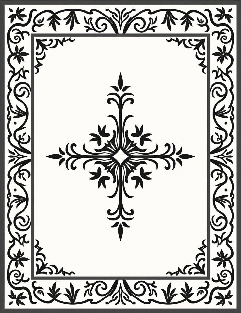 Ornate Black Floral Border Accent Rug