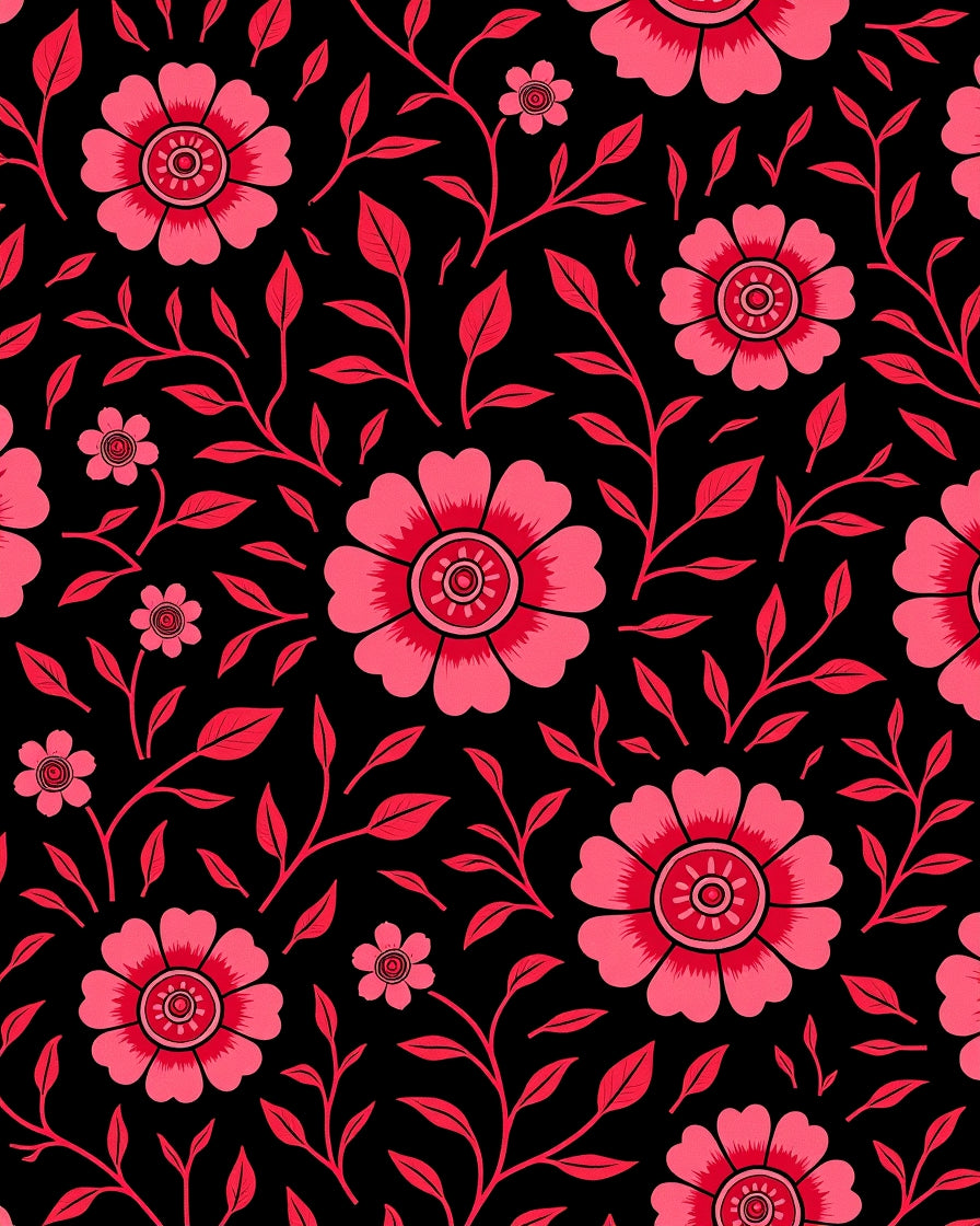 Bold Pink Floral Swirls On Black Rug