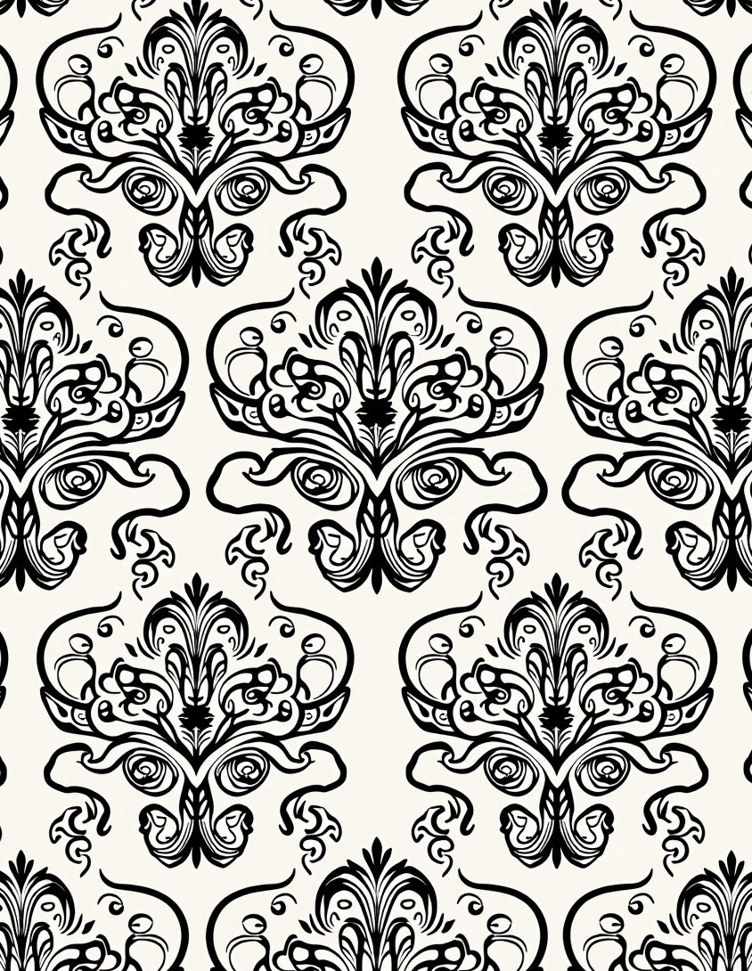 Black White Traditional Flourish Scroll Rug
