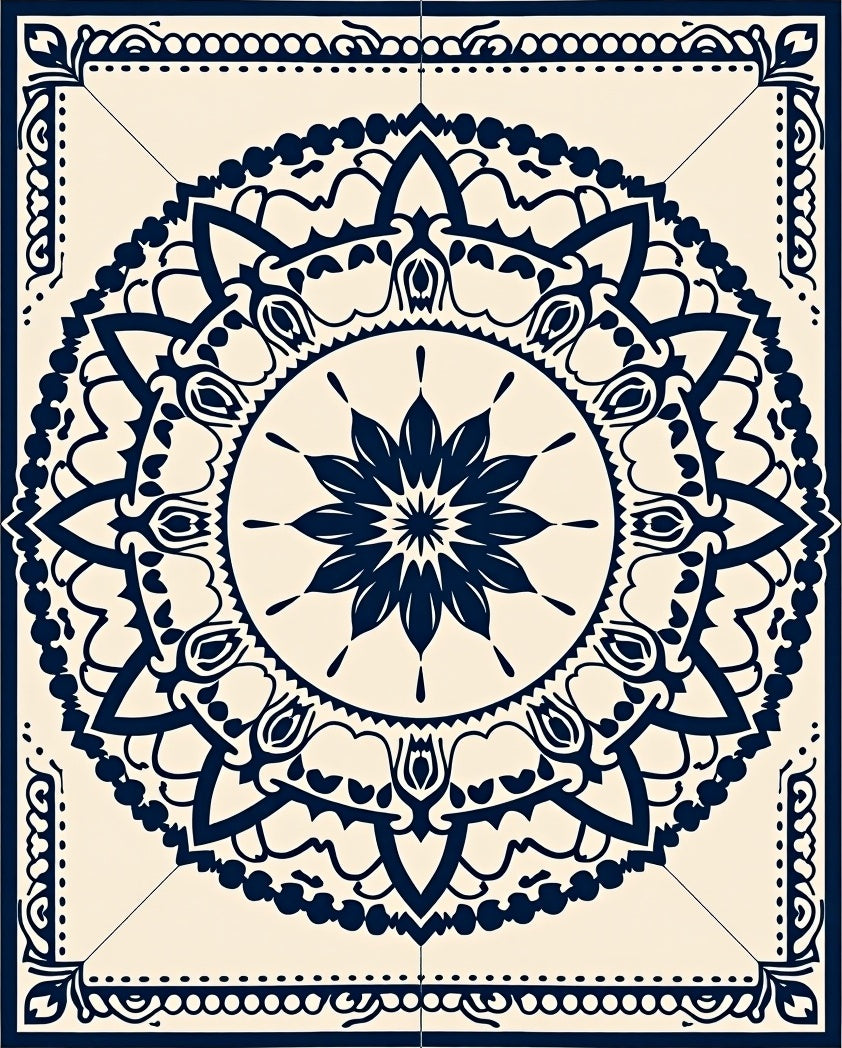 Deep Blue Floral Medallion Tiled Rug