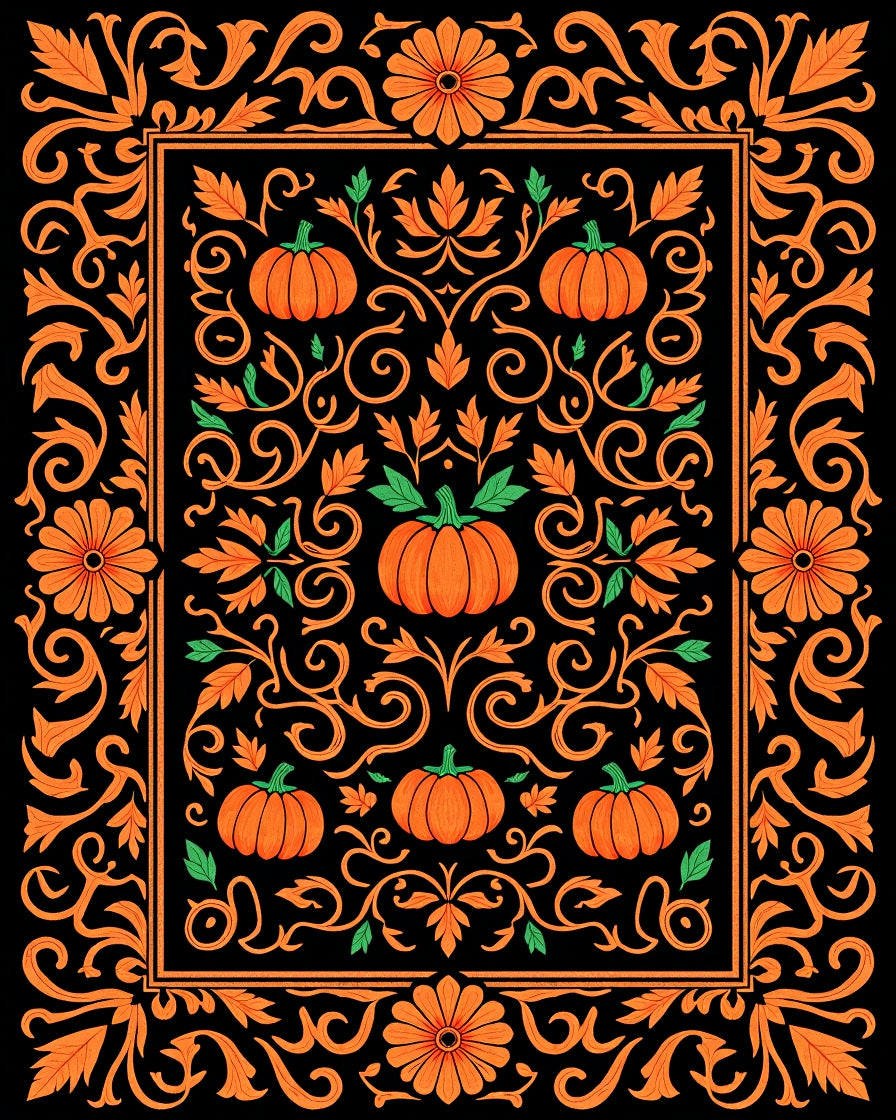 Orange Pumpkin Floral Scrollwork Rectangle Rug