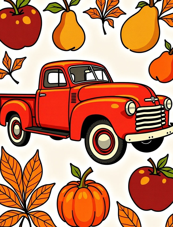 Autumn Red Truck Fall Harvest Fruits Rug