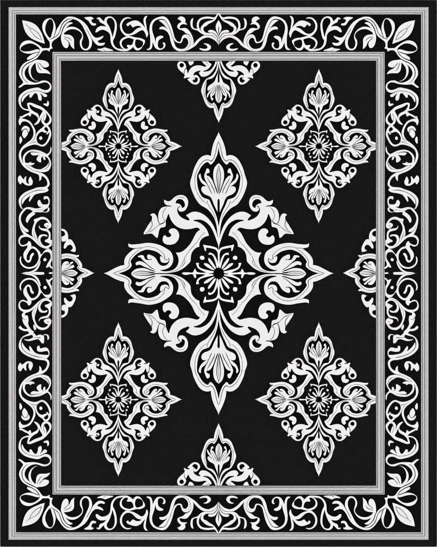 Elegant Black White Damask Medallion Rug