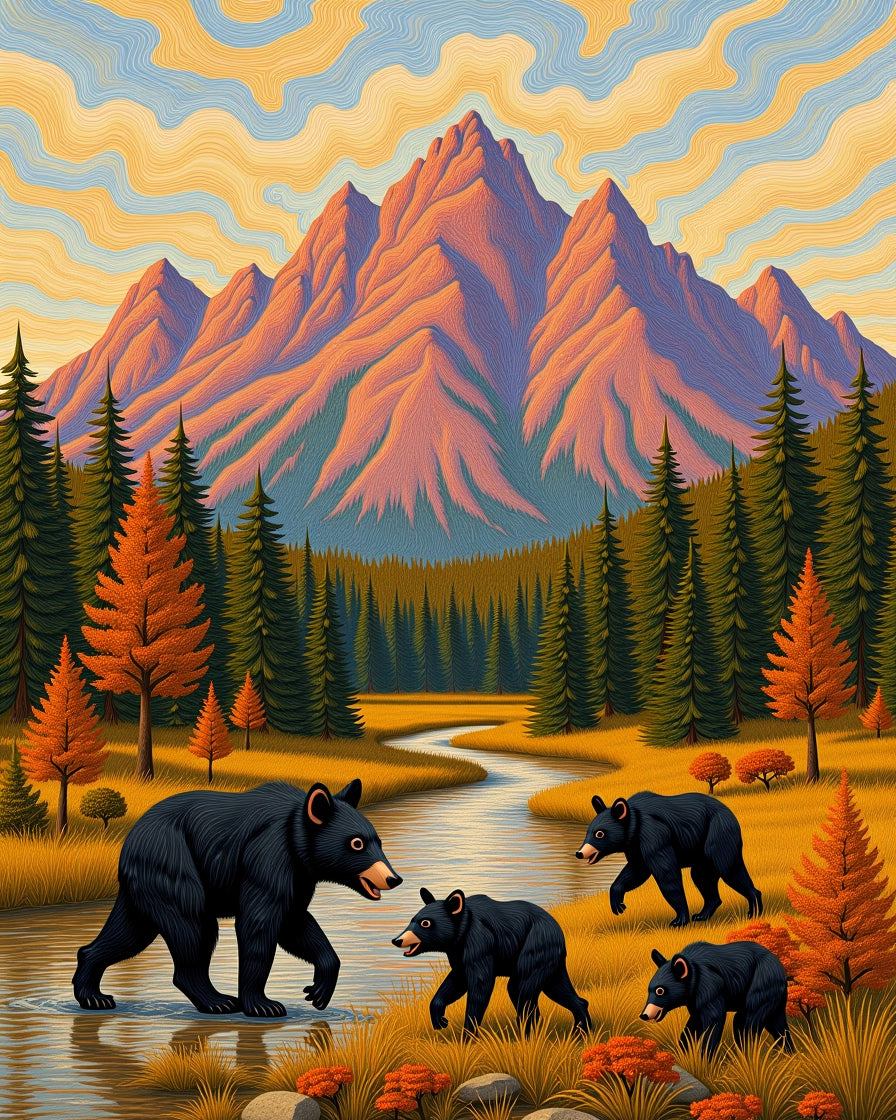 Golden Mountain Bears Wilderness Scene Rug