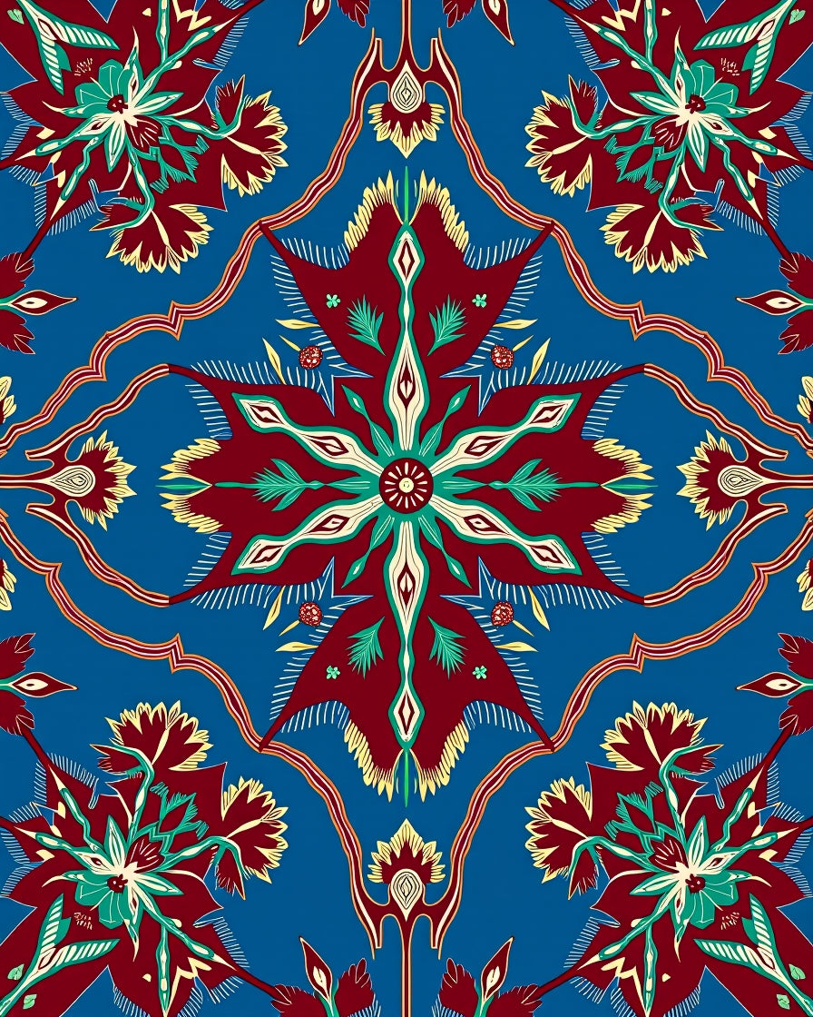 Lush Crimson Blue Floral Medallion Rug
