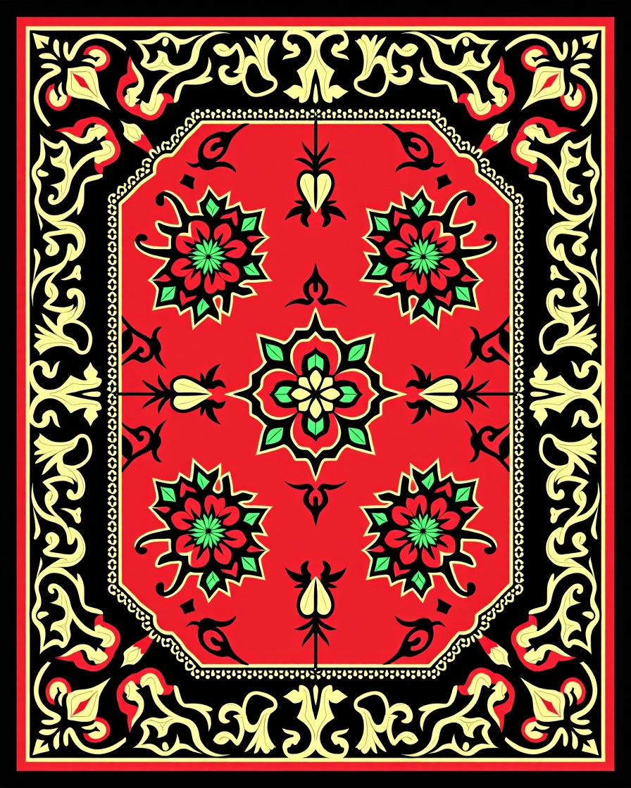 Crimson Red Floral Accents Black Border Rug