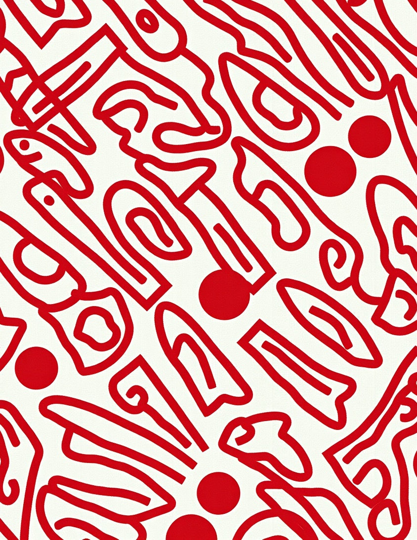 Crimson White Abstract Curvy Line Rug