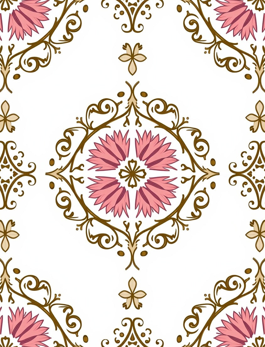 Pink Floral Scrollwork Medallion Rug