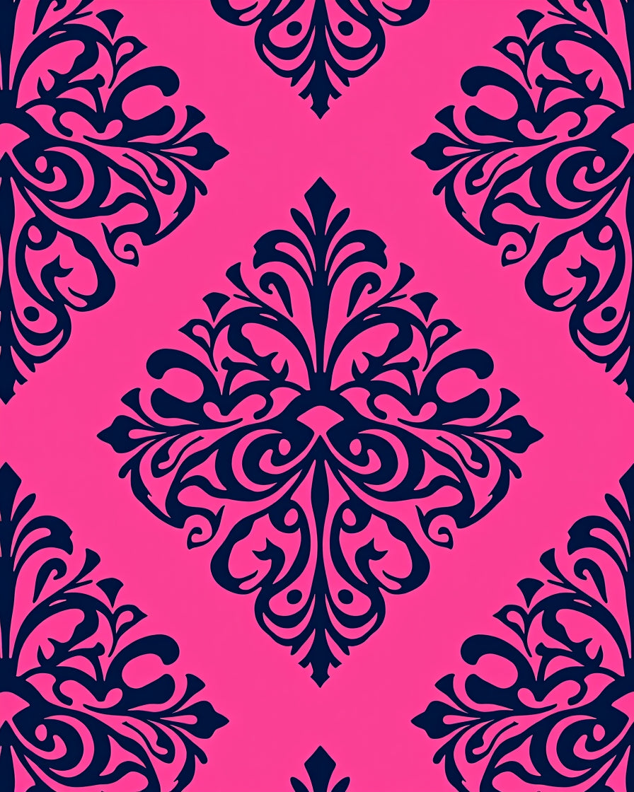 Bright Pink Navy Damask Flourish Rug