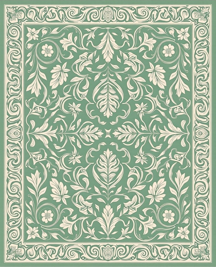 Sage Green Floral Scroll Border Rug