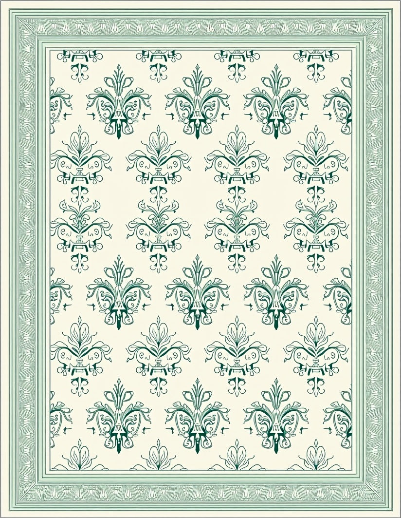 Victorian Green Damask Floral Border Rug