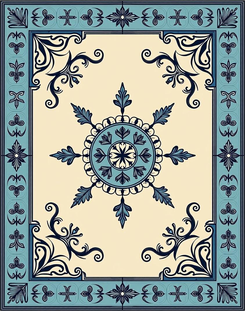 Aqua Navy Floral Medallion Border Rug